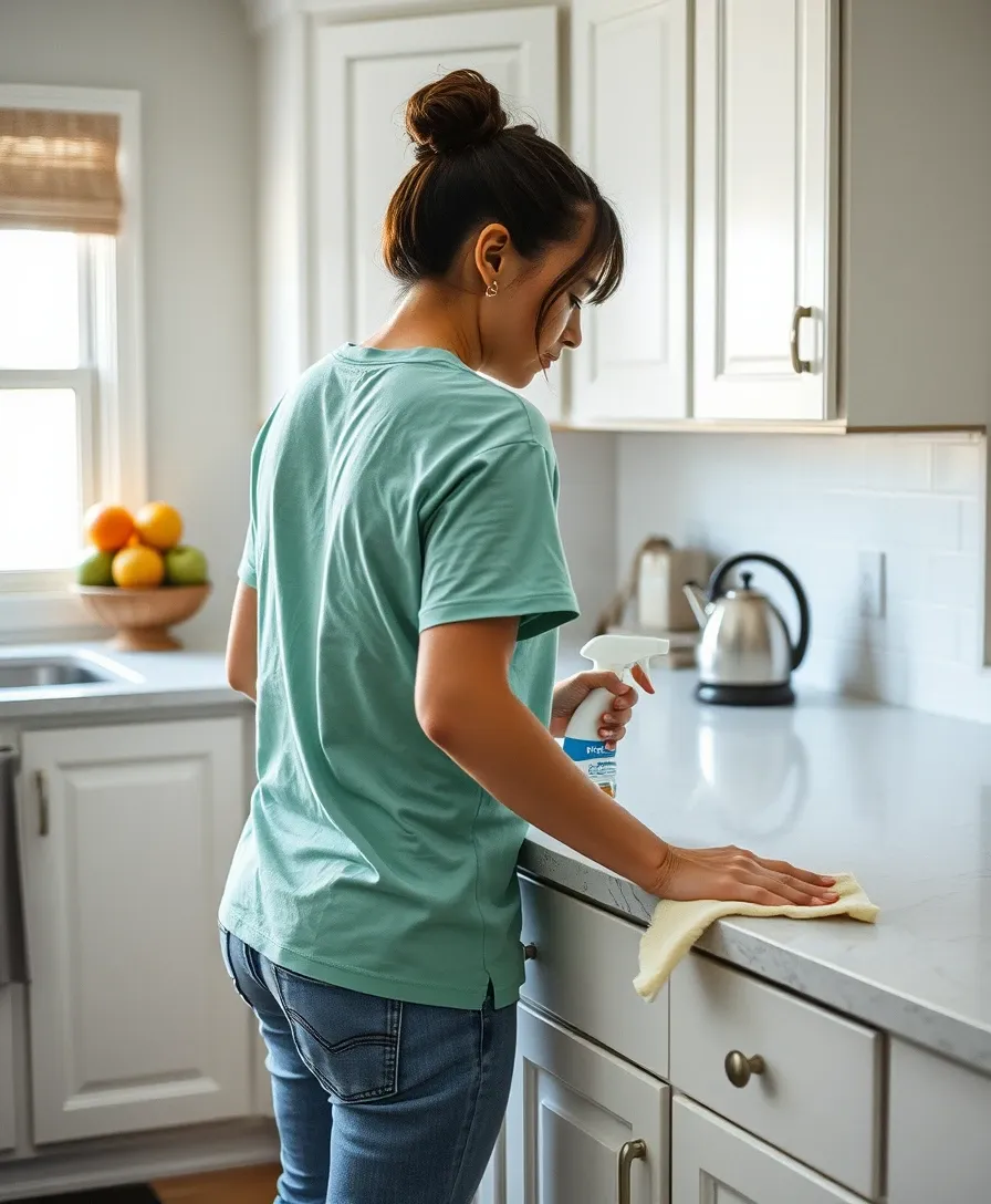Cleaner wiping a kitchen counter