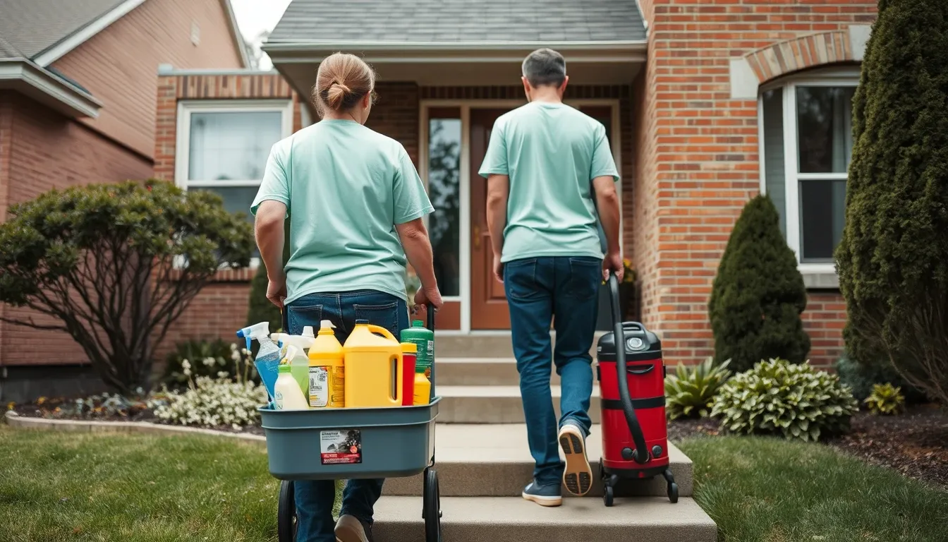 Two cleaners carrying supplies up the front walk of a brick house