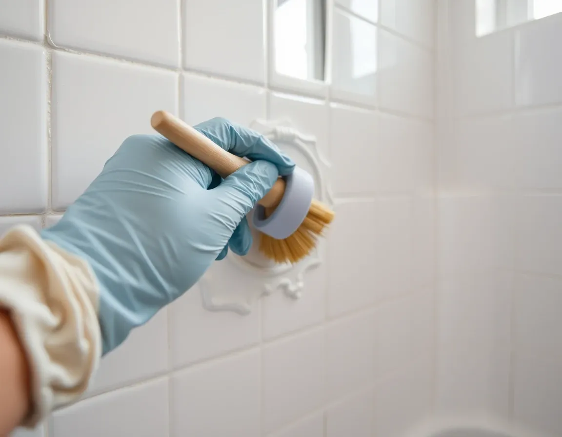 Gloved hand scrubbing bathroom tile grout with a brush