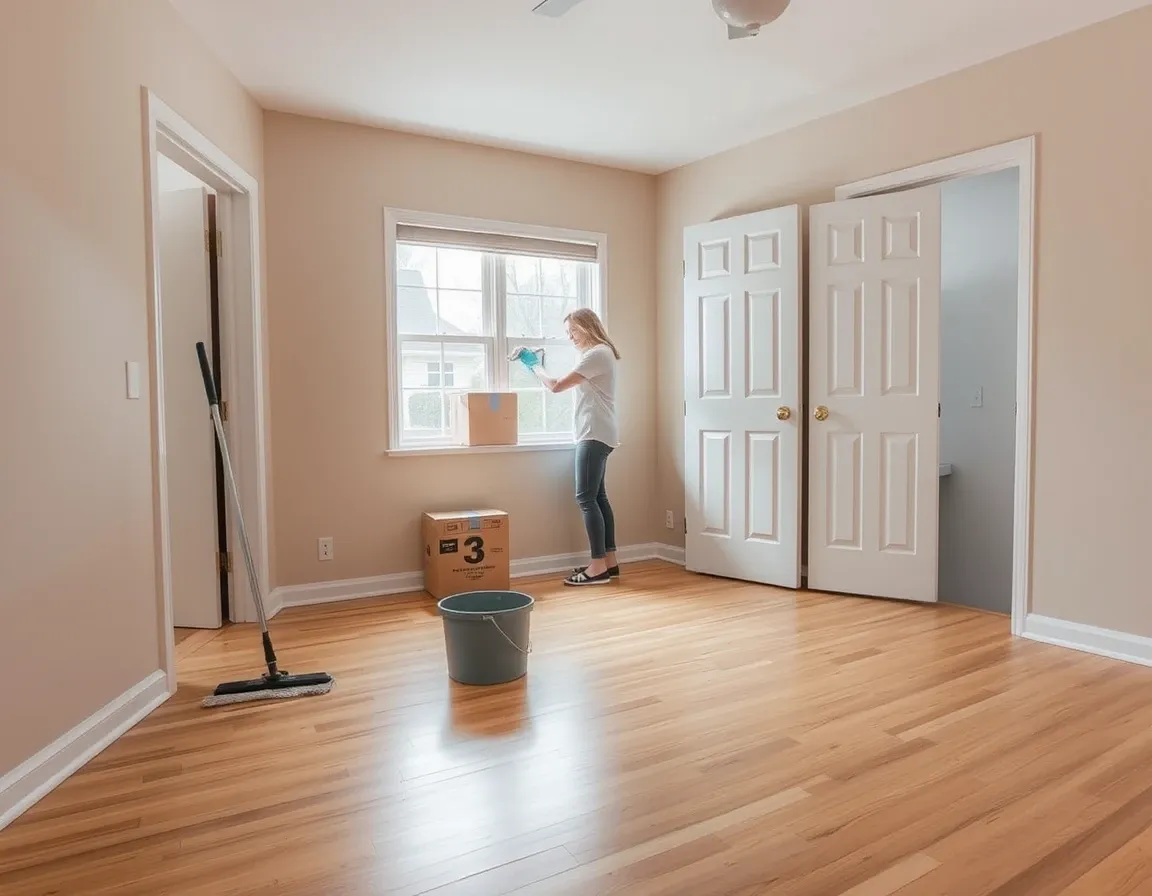 Cleaner wiping the window sill of an empty bedroom on moving day