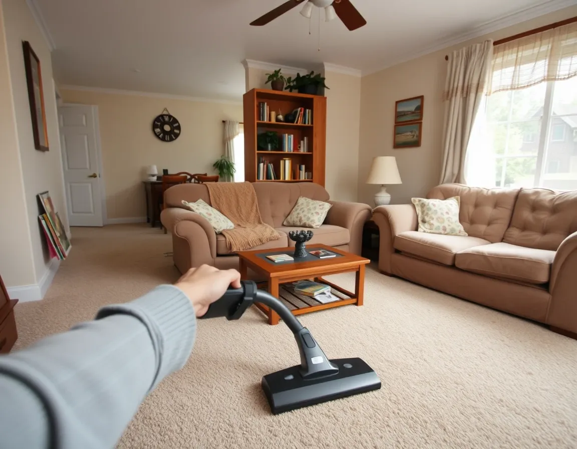 Vacuuming the carpet in a family living room